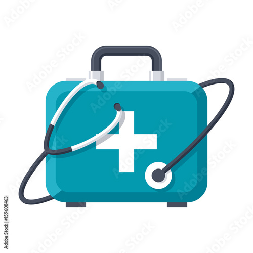 Medical services concept with first aid kit and stethoscope, vector illustration in flat style