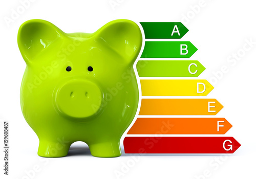 Green piggy bank with energy efficiency rating arrows from A to G photo