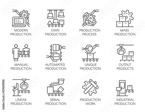 Big set of icons of automatic and manual production. 20 mono linear web graphic pictograms. Outline symbols of business, modern machinery equipment concept. Editable Stroke. 64x64 Pixel Perfect photo