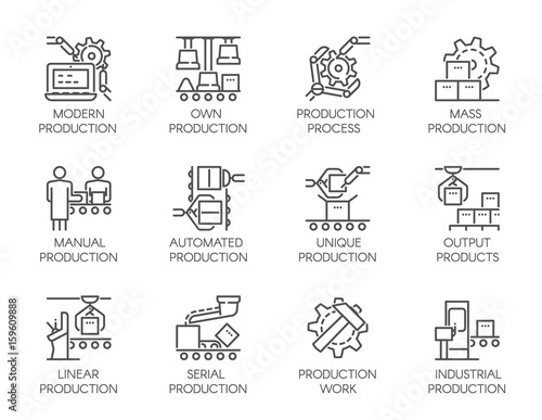 Big set of icons of automatic and manual production. 20 mono linear web graphic pictograms. Outline symbols of business, modern machinery equipment concept. Editable Stroke. 64x64 Pixel Perfect