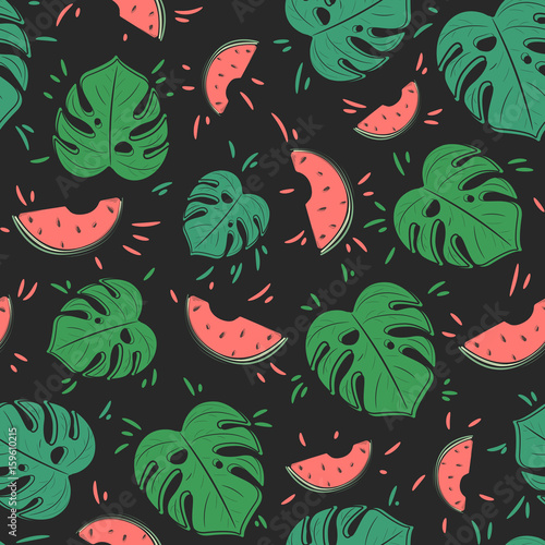 Seamless vector pattern with juicy watermelons and monstera leaves