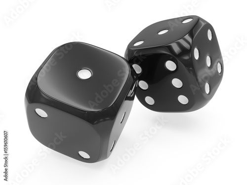 3d rendering two black rolling dices isolated on white background
