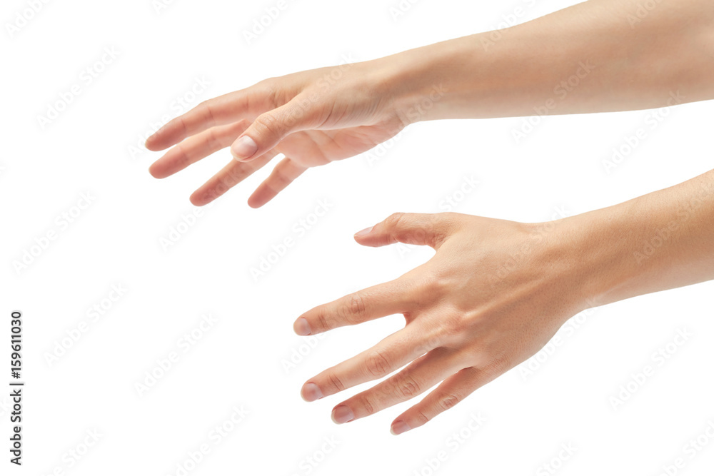 Beautiful female hand stifling gesture. Isolated on white background