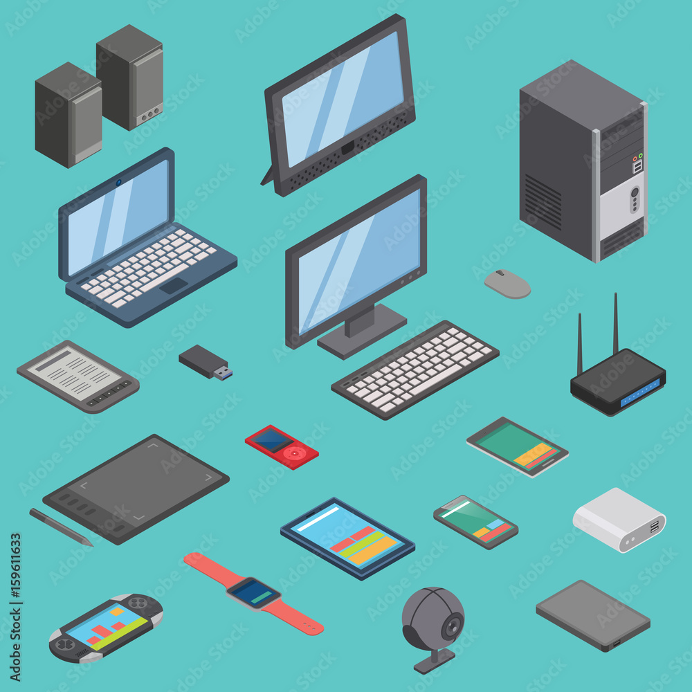Vector set of isometric computer gadget devices icons wireless technologies mobile communication 3d illustration Vector set of isometric computer gadget devices icons wireless technologies mobile communication 3d illustration