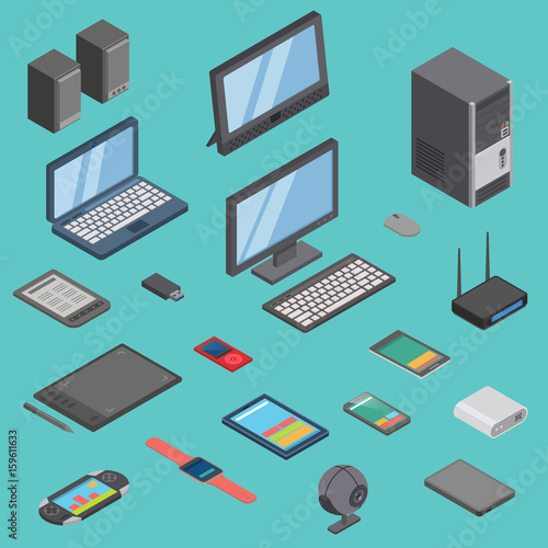 Vector set of isometric computer gadget devices icons wireless technologies mobile communication 3d illustration