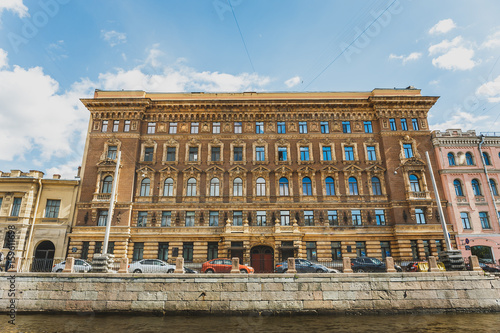 Beautiful building on embankment of Saint Petersburg , view from canal