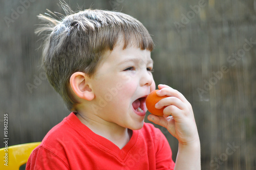 Little boy eating peach. Happy kid eats peach in garden