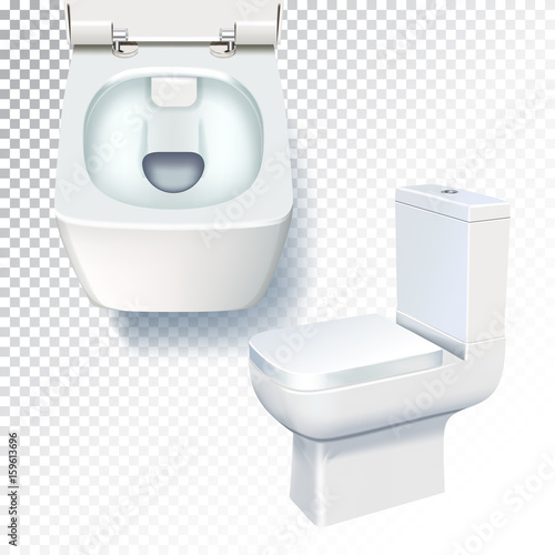 Realistic vector illustration of toilet bowl on transparent background. White toilet mockup.