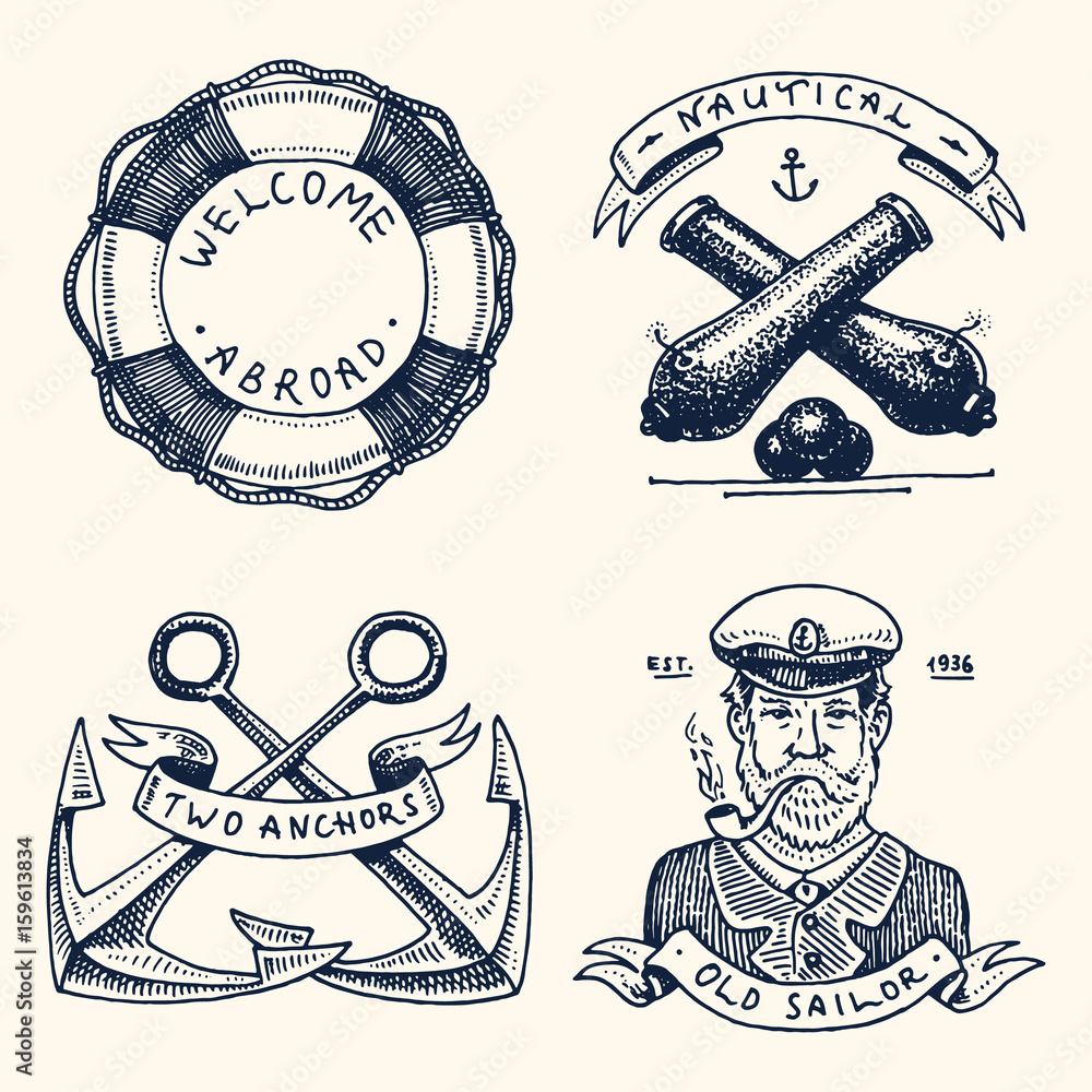 Φωτογραφία set of engraved vintage, hand drawn, old, labels or badges for a life ring, a cannon ball, a captain with a pipe