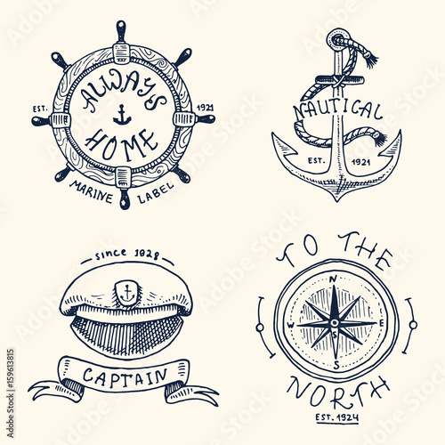set of engraved vintage, hand drawn, old, labels or badges for anchor, steering wheel, captains cap, compass. Marine and nautical or sea, ocean emblems. always home.