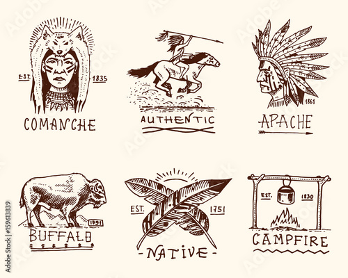 set of engraved vintage, hand drawn, old, labels or badges for indian or native american. buffalo, face with feathers, horse rider, apache or comanche, campfire and authentic.