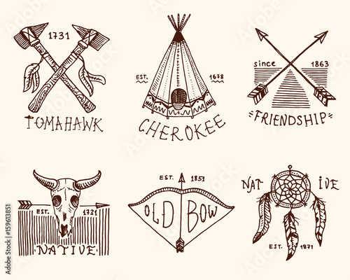 set of engraved vintage, hand drawn, old, labels or badges for indian or native american. buffalo, axes and tent, arrows and bow, skull, Dreamcatcher and cherokee, tomahawk.