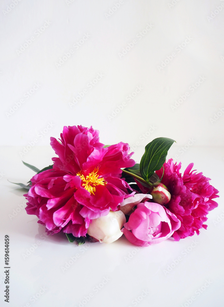 Closeup of floral bouquet made of peony flowers lying on the white table.