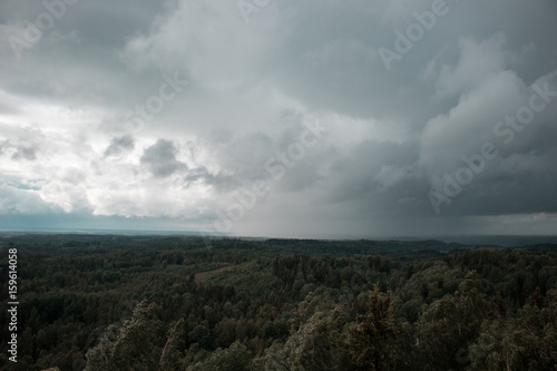 aerial view over the green forest in evening. Raining. Cloudy mystery. Landscapes of Latvia