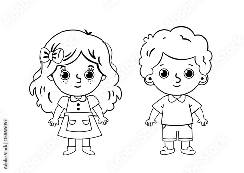 Two Kids Coloring Page (Vector illustration for kids and painting activity.)