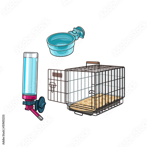 Metail wire pet travel carrier, feeding bowl and refillable drinker, sketch vector illustration isolated on white background. Hand drawn Metal wire cage, carrier, bowl, drinker for pet transportation