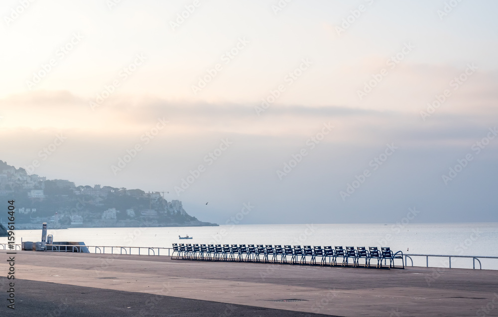 Coast line along Mediterranean sea in Nice, favorite vacation city in France, under morning sunlight