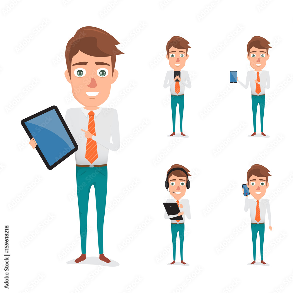 Business man character. Communication with a mobile phone or tablet. illustration vector of cartoon people.