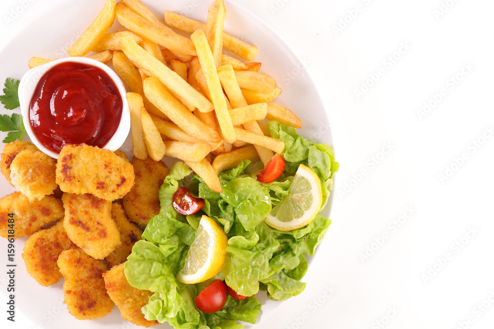 fried chicken with french fries and salad fried chicken with french fries and salad