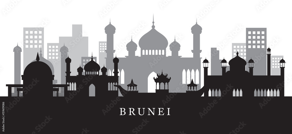 Brunei Landmarks Skyline in Black and White Silhouette