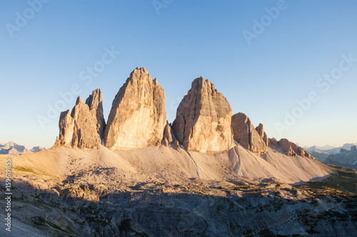 Panoramic view of Tre Cime at sunset