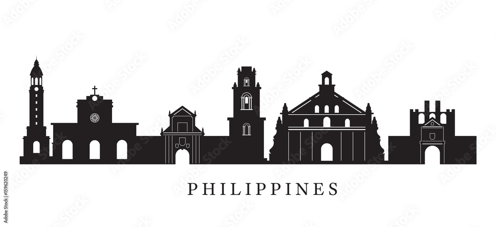 Philippines Landmarks Skyline in Black and White Silhouette