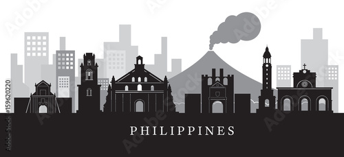 Philippines Landmarks Skyline in Black and White Silhouette