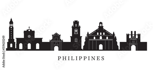 Philippines Landmarks Skyline in Black and White Silhouette