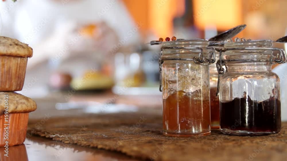 Healthy breakfast on Safari - jam and marmelade in foreground 4K Healthy breakfast on Safari - jam and marmelade in foreground 4K