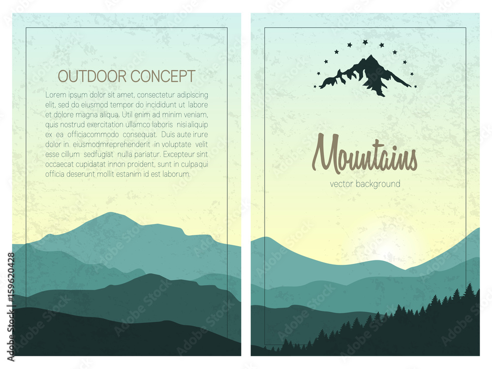 Set of stylish outdoor cards template. Vector backgrounds with green mountains. Front and back page.
