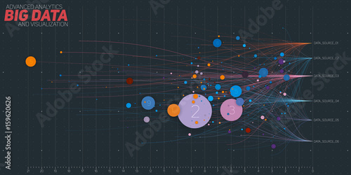 Vector abstract colorful big data information sorting visualization. Social network, financial analysis of complex databases. Visual information complexity clarification. Intricate data graphic