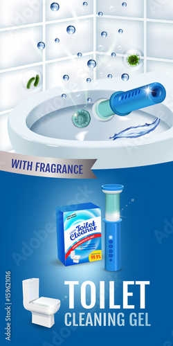 Fresh fragrance toilet cleaner gel disc ads. Vector realistic Illustration with toilet bowl gel dispenser and gel discs. Vertical banner.