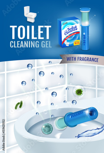 Fresh fragrance toilet cleaner gel disc ads. Vector realistic Illustration with toilet bowl gel dispenser and gel discs. Vertical poster.