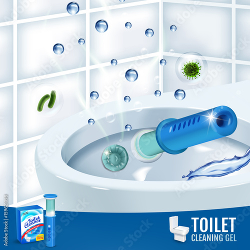 Fesh fragrance toilet cleaner gel disc ads. Vector realistic Illustration with toilet bowl gel dispenser and gel discs. Poster.