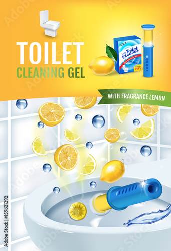 Citrus fragrance toilet cleaner gel disc ads. Vector realistic Illustration with toilet bowl gel dispenser and gel discs. Vertical poster.