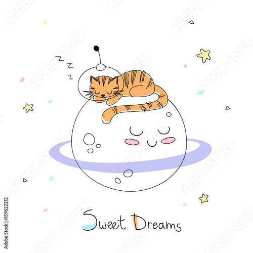 Nursery art: cute little hand-drawn tiger in a space suite sleep on the surface of adorable planet.