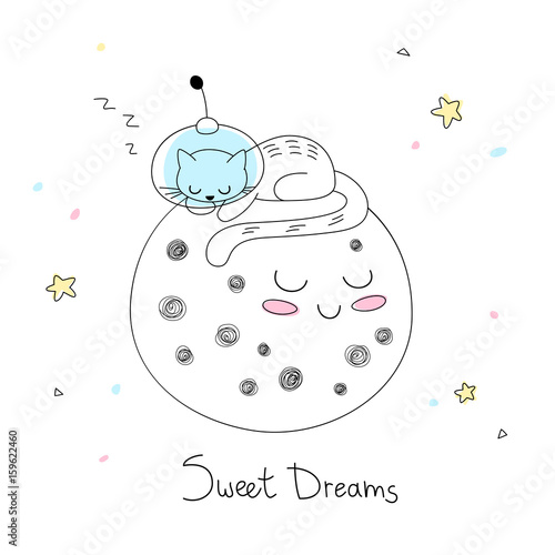 Nursery art: cute little hand-drawn cat in a space suite sleep on the surface of the moon.