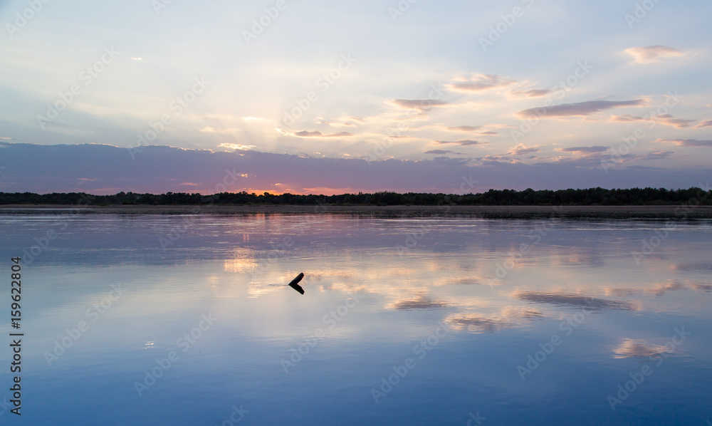 Naklejka premium sunset on the lake as a backdrop