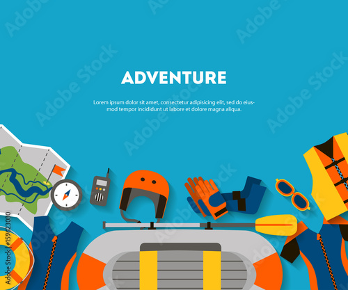 Horizontal banner set equipment for sports and outdoor activities flat design with shadow. Boat, clothes, compass and map for rafting. For website, print and advertising, vector illustration