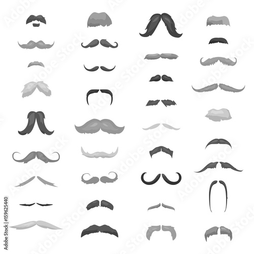 Huge collection mustache retro curly, mustache set. Mustache different colors and forms mustache hair. Mustaches barber silhouette hairstyle hipster mustache mask disguise. Vector gentleman mustache