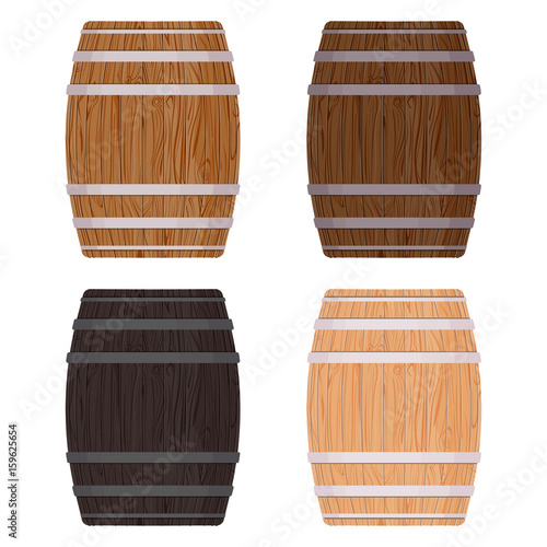 Wooden barrel with iron rings. Isolated on white background. wood beer barrel. Graphic vector illustration