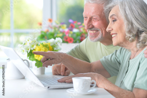 Beautiful old couple with laptop 