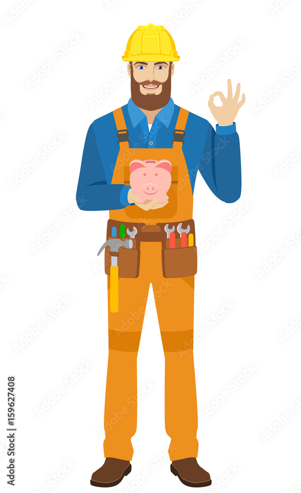 Worker with piggy bank showing a okay hand sign Worker with piggy bank showing a okay hand sign