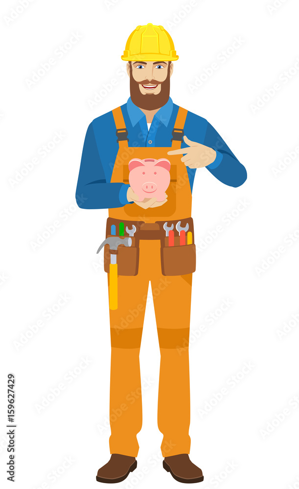 Worker pointing at piggy bank Worker pointing at piggy bank