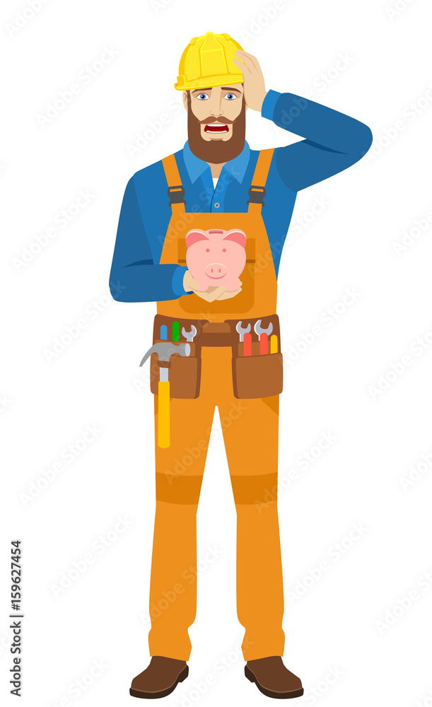 Worker with piggy bank grabbed his head Worker with piggy bank grabbed his head