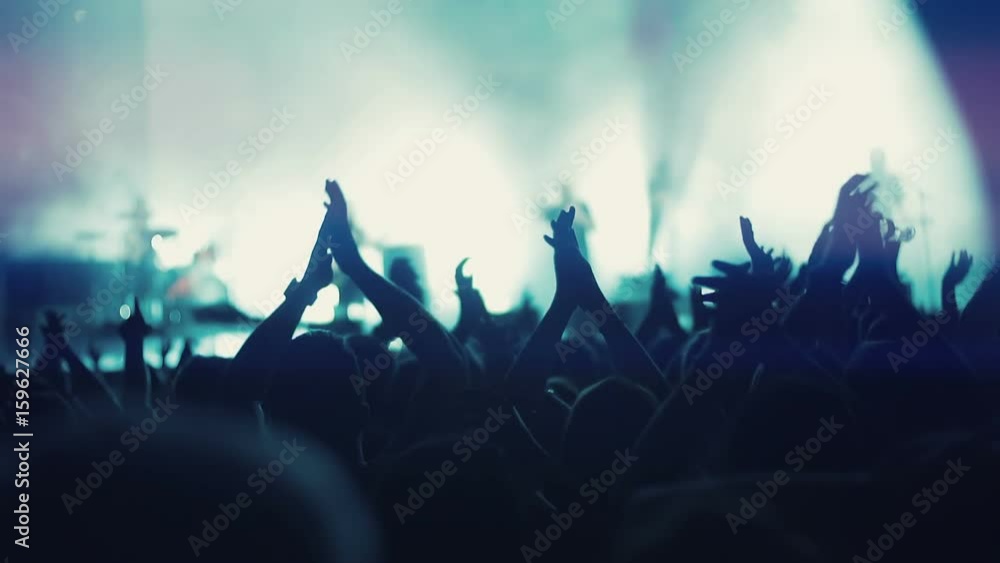 Iconic night rock concert front row crowd cheering hands in air slomo ...