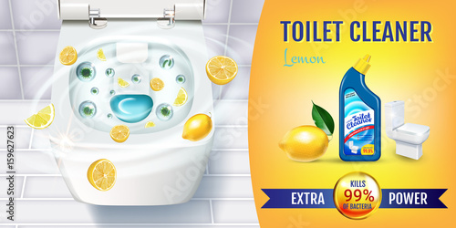 Citrus fragrance toilet cleaner gel ads. Vector realistic Illustration with top view of toilet bowl and disinfectant container.