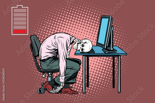 dead businessman skeleton at the computer