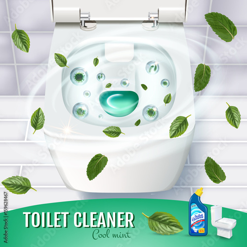 Cool mint fragrance toilet cleaner gel ads. Vector realistic Illustration with top view of toilet bowl and disinfectant container. Poster.