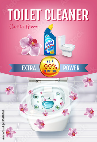 Orchid fragrance toilet cleaner gel ads. Vector realistic Illustration with top view of toilet bowl and disinfectant container. Vertical poster.